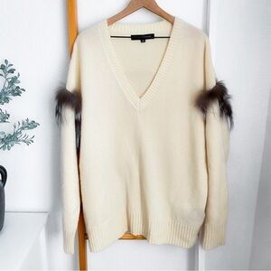 Sally Lapointe V-neck Cashmere Silk Sweater Real Silver Fox Fur Cream Relaxed